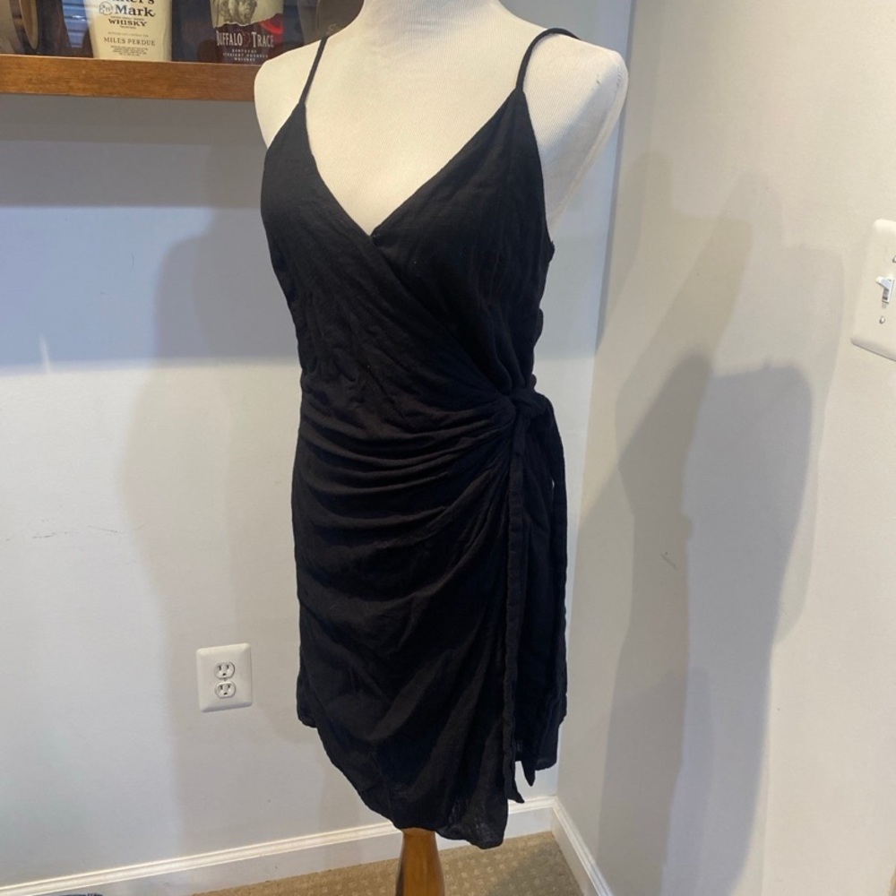 Free People Black Asymmetrical Ruched Mini wrap Dress 100% cotton